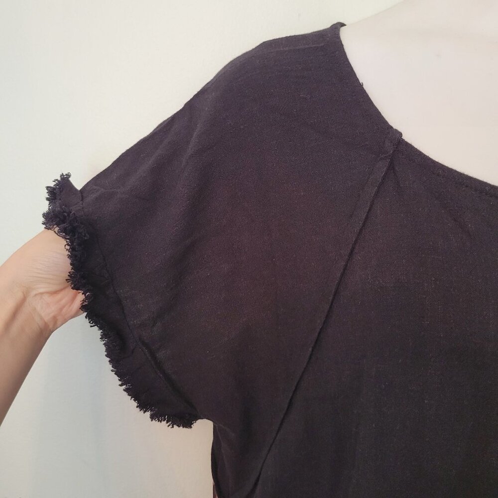 Umgee USA Black Tunic Dress Leopard Print Frayed Hem XL Linen Blend Hi Low - Picture 6 of 7